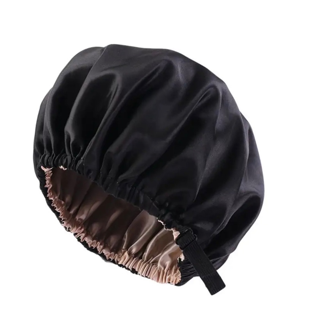 Large Black Satin Bonnet Silk Like Sleeping Cap w/ Head Tie Band Hair Wrap